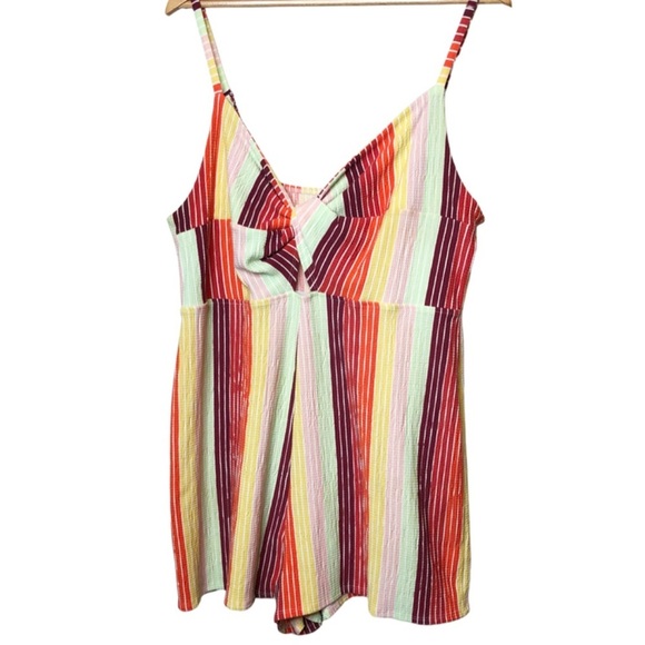 Wild Fable Colorful Rainbow Striped Front Knot Spaghetti Strap Romper - Picture 2 of 16